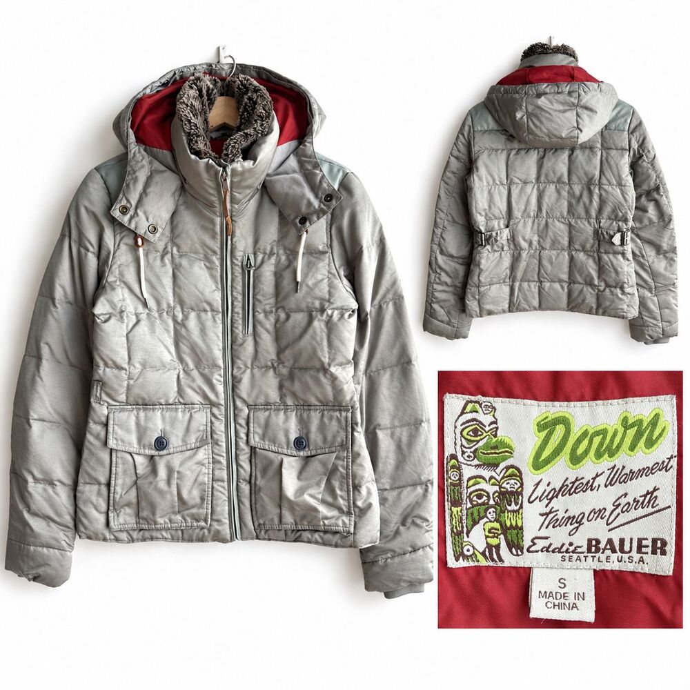 VTG Eddie Bauer Premium Down Jacket Womens Small Silver Puffer Fur Hooded Coat